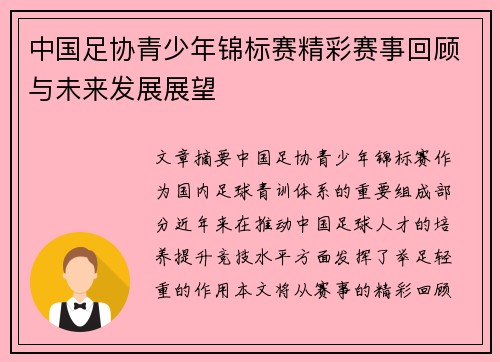 中国足协青少年锦标赛精彩赛事回顾与未来发展展望